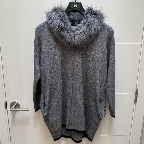 Sweaters - Korean Faux Fur Collared Poncho Style Sweater with Sleeves